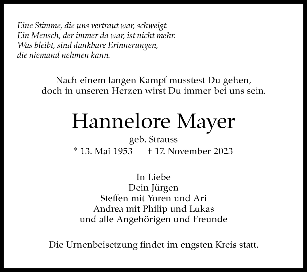  Traueranzeige für Hannelore Mayer vom 28.11.2023 aus Leonberger Kreiszeitung / Strohgäu Extra