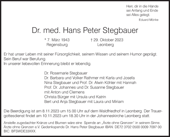 Traueranzeige von Hans Peter Stegbauer von Leonberger Kreiszeitung / Strohgäu Extra
