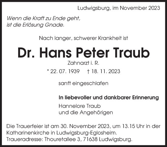 Traueranzeige von Hans Peter Traub von Leonberger Kreiszeitung / Strohgäu Extra
