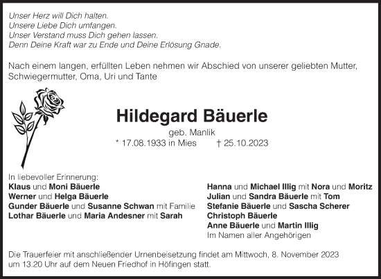 Traueranzeige von Hildegard Bäuerle von Leonberger Kreiszeitung / Strohgäu Extra