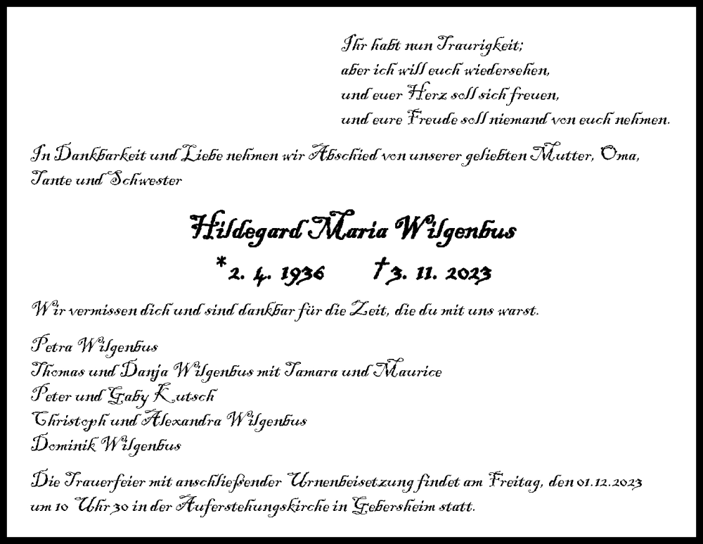  Traueranzeige für Hildegard Maria Wilgenbus vom 28.11.2023 aus Leonberger Kreiszeitung / Strohgäu Extra