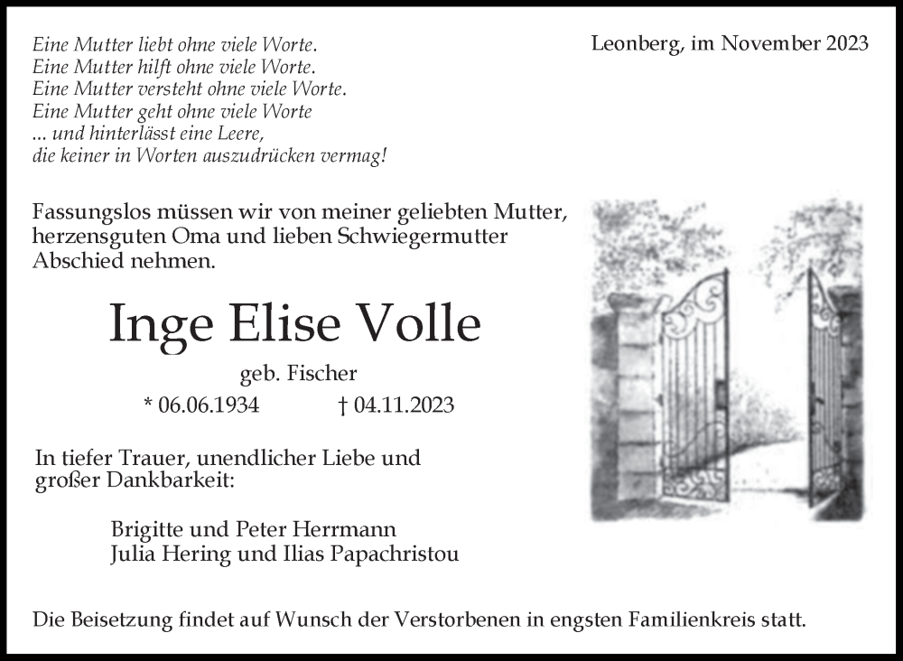  Traueranzeige für Inge Elise Volle vom 16.11.2023 aus Leonberger Kreiszeitung / Strohgäu Extra