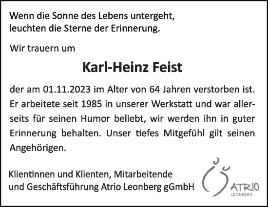 Traueranzeige von Karl-Heinz Feist von Leonberger Kreiszeitung / Strohgäu Extra