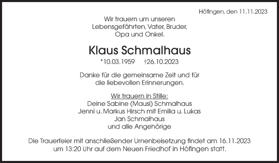 Traueranzeige von Klaus Schmalhaus von Leonberger Kreiszeitung / Strohgäu Extra