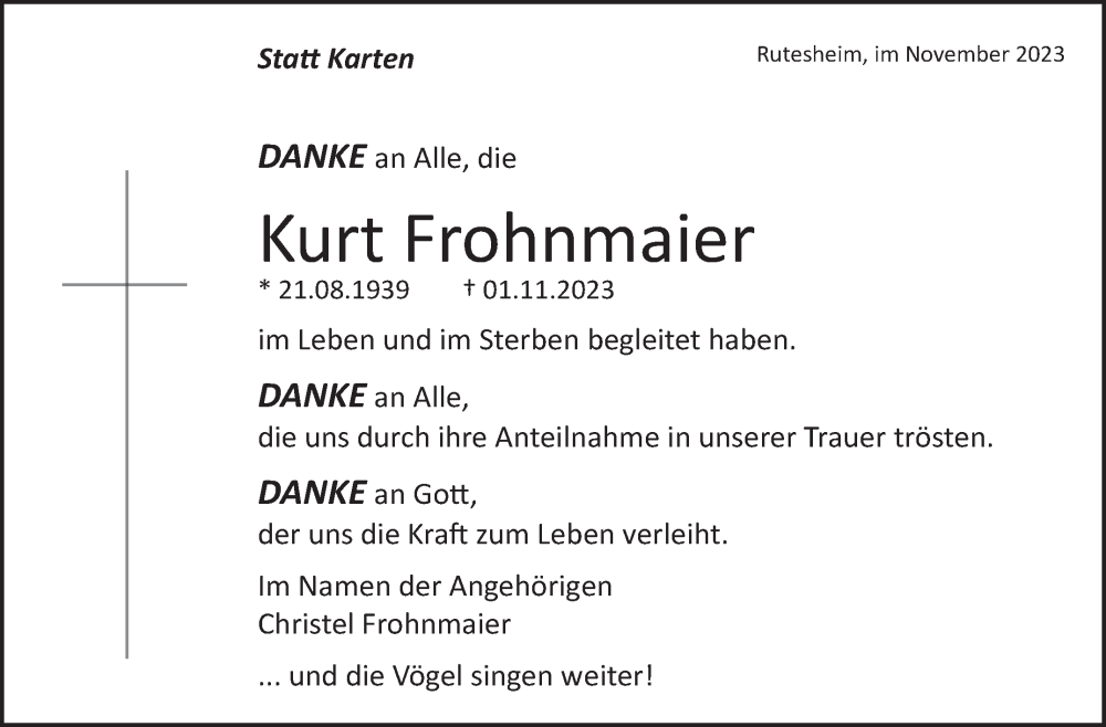  Traueranzeige für Kurt Frohnmaier vom 16.11.2023 aus Leonberger Kreiszeitung / Strohgäu Extra