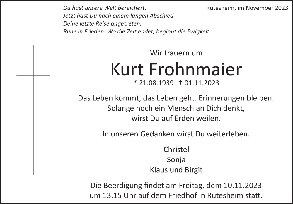 Traueranzeige für Kurt Frohnmaier vom 08.11.2023 aus Leonberger Kreiszeitung / Strohgäu Extra