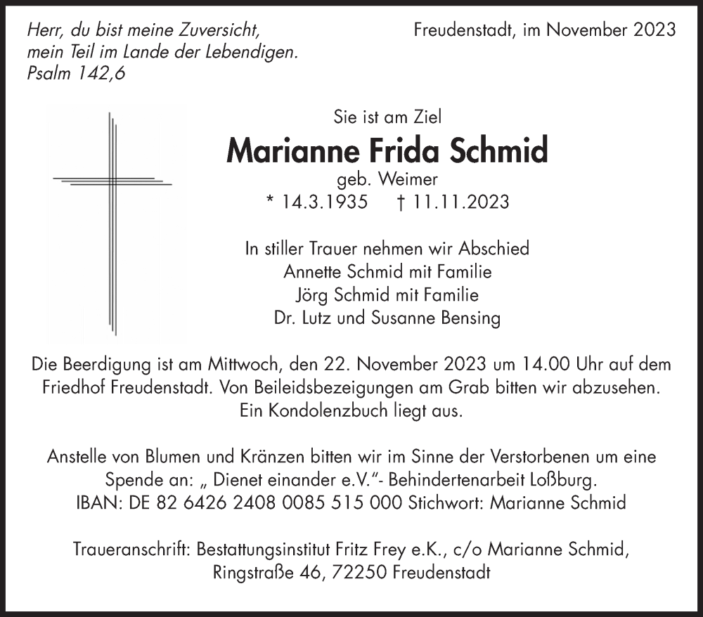  Traueranzeige für Marianne Frida Schmid vom 17.11.2023 aus Leonberger Kreiszeitung / Strohgäu Extra
