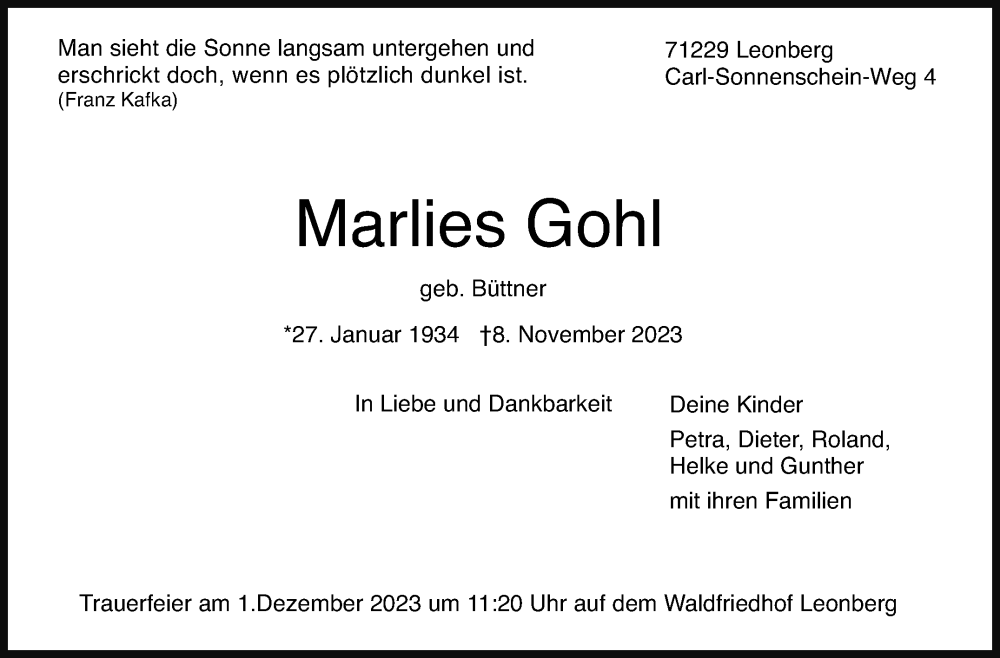  Traueranzeige für Marlies Go vom 25.11.2023 aus Leonberger Kreiszeitung / Strohgäu Extra
