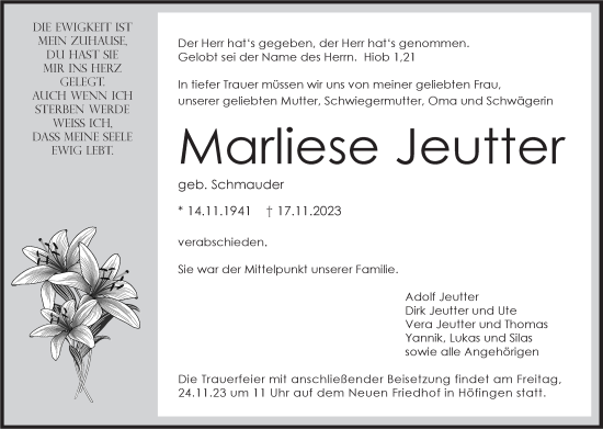 Traueranzeige von Marliese Jeutter von Leonberger Kreiszeitung / Strohgäu Extra