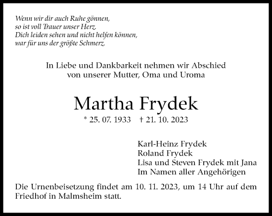 Traueranzeige von Martha Frydek von Leonberger Kreiszeitung / Strohgäu Extra