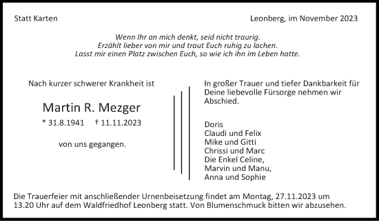 Traueranzeige von Martin Rainer Mezger von Leonberger Kreiszeitung / Strohgäu Extra