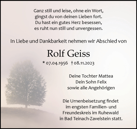 Traueranzeige von Rolf Geiss von Leonberger Kreiszeitung / Strohgäu Extra