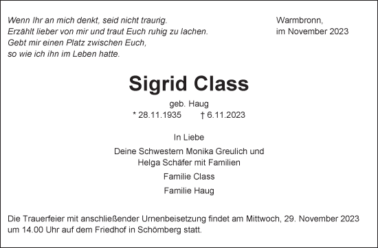 Traueranzeige von Sigrid Class von Leonberger Kreiszeitung / Strohgäu Extra