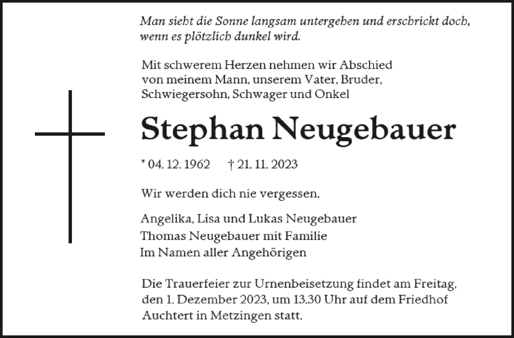  Traueranzeige für Stephan Neugebauer vom 25.11.2023 aus Leonberger Kreiszeitung / Strohgäu Extra