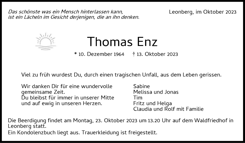  Traueranzeige für Thomas Enz vom 29.11.2023 aus Leonberger Kreiszeitung / Strohgäu Extra