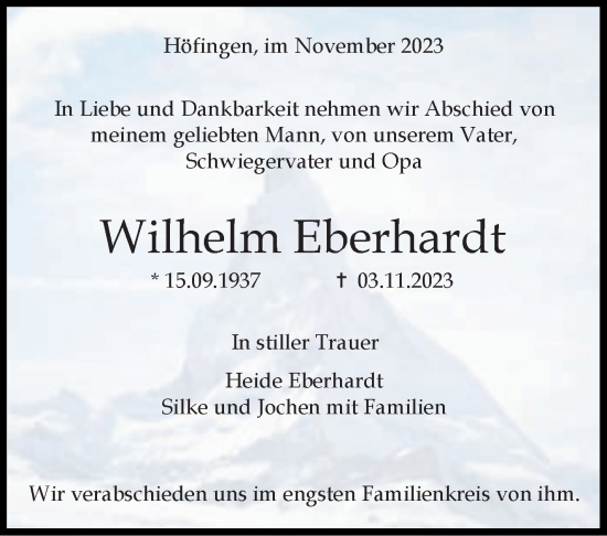 Traueranzeige von Wilhelm Eberhardt von Leonberger Kreiszeitung / Strohgäu Extra