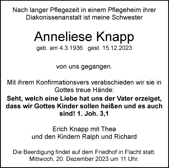 Traueranzeige von Anneliese Knapp von Leonberger Kreiszeitung / Strohgäu Extra
