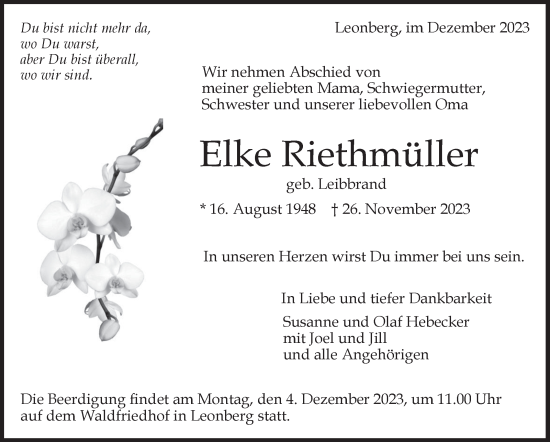 Traueranzeige von Elke Riethmüller von Leonberger Kreiszeitung / Strohgäu Extra