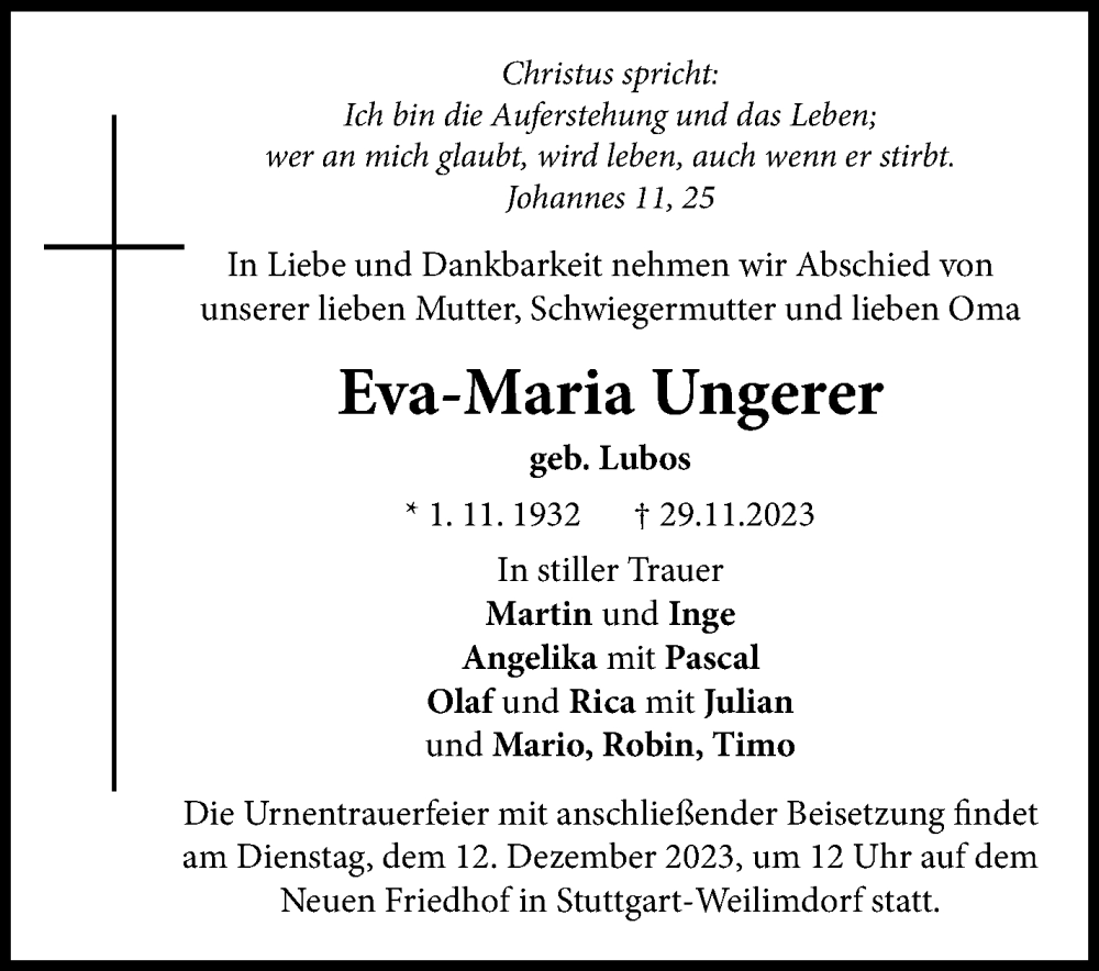  Traueranzeige für Eva-Maria Unge vom 09.12.2023 aus Leonberger Kreiszeitung / Strohgäu Extra