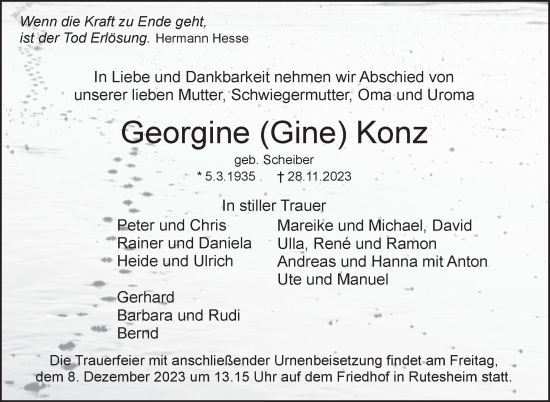Traueranzeige von Georgine Konz von Leonberger Kreiszeitung / Strohgäu Extra