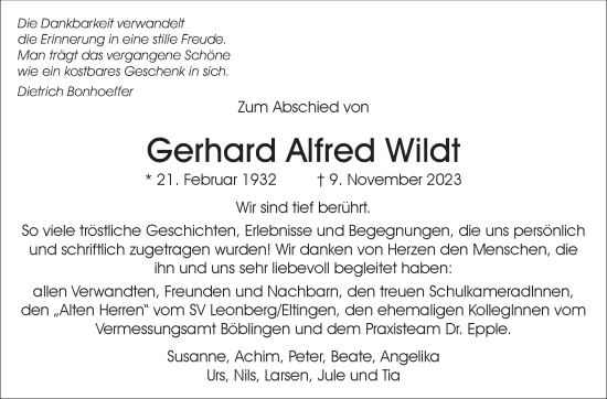 Traueranzeige von Gerhard Alfred Wildt von Leonberger Kreiszeitung / Strohgäu Extra
