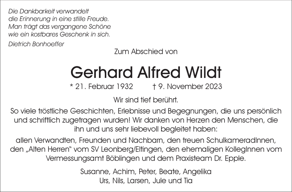  Traueranzeige für Gerhard Alfred Wildt vom 23.12.2023 aus Leonberger Kreiszeitung / Strohgäu Extra