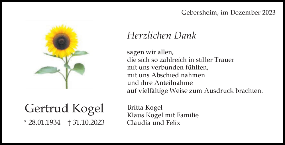  Traueranzeige für Gertrud Kogel vom 27.12.2023 aus Leonberger Kreiszeitung / Strohgäu Extra