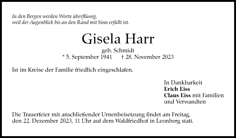  Traueranzeige für Gisela Harr vom 14.12.2023 aus Leonberger Kreiszeitung / Strohgäu Extra