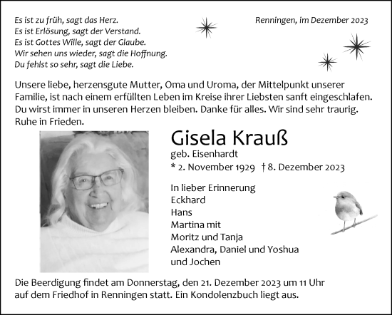 Traueranzeige von Gisela Krauß von Leonberger Kreiszeitung / Strohgäu Extra