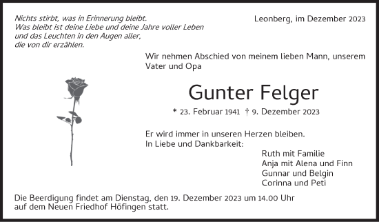 Traueranzeige von Gunter Felger von Leonberger Kreiszeitung / Strohgäu Extra