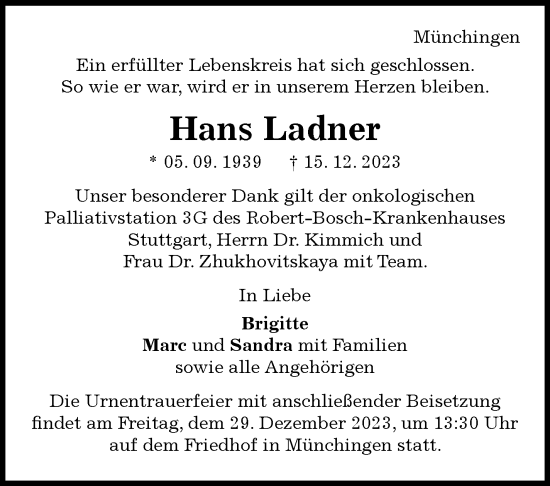 Traueranzeige von Hans Ladner von Leonberger Kreiszeitung / Strohgäu Extra