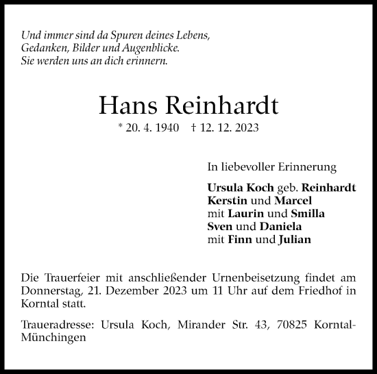 Traueranzeige von Hans Reinhardt von Leonberger Kreiszeitung / Strohgäu Extra