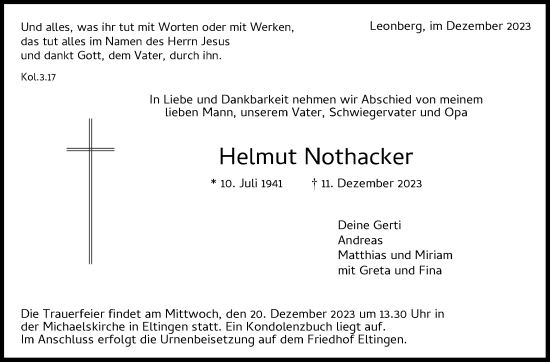 Traueranzeige von Helmut Nothacker von Leonberger Kreiszeitung / Strohgäu Extra