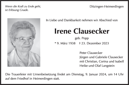 Traueranzeige von Irene Clausecker von Leonberger Kreiszeitung / Strohgäu Extra
