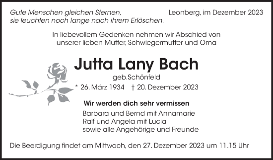 Traueranzeige von Jutta Lany Bach von Leonberger Kreiszeitung / Strohgäu Extra