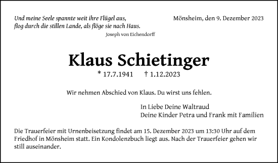 Traueranzeige von Klaus Schietinger von Leonberger Kreiszeitung / Strohgäu Extra