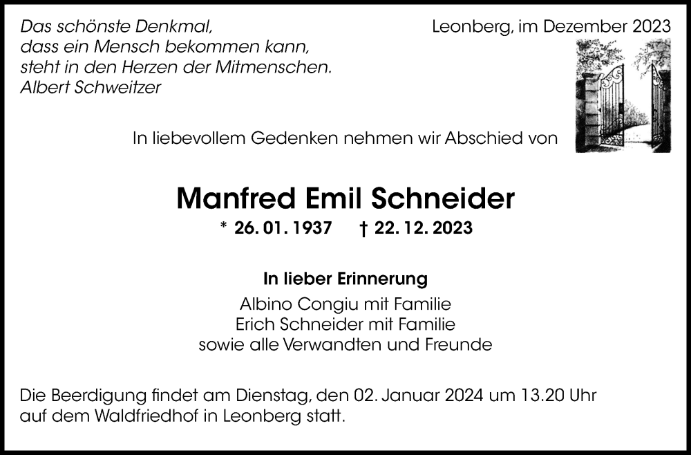 Traueranzeige für Manfred Emil Schneider vom 29.12.2023 aus Leonberger Kreiszeitung / Strohgäu Extra