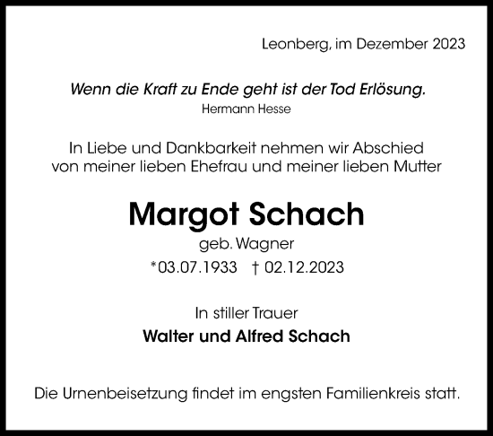 Traueranzeige von Margot Schach von Leonberger Kreiszeitung / Strohgäu Extra