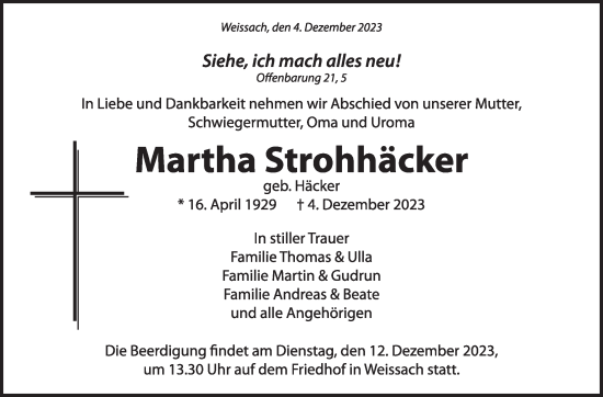 Traueranzeige von Martha Strohhäcker von Leonberger Kreiszeitung / Strohgäu Extra