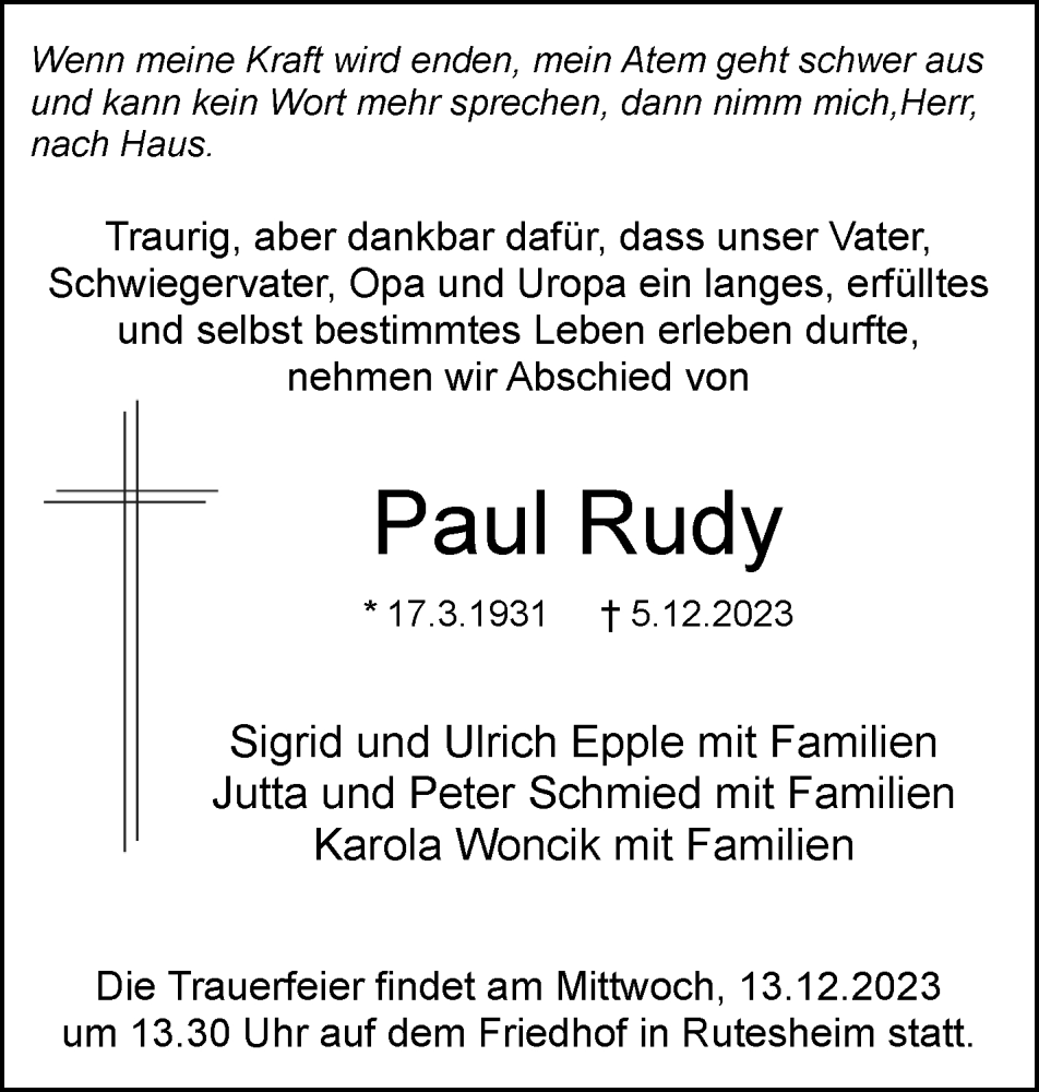  Traueranzeige für Paul Rudy vom 09.12.2023 aus Leonberger Kreiszeitung / Strohgäu Extra