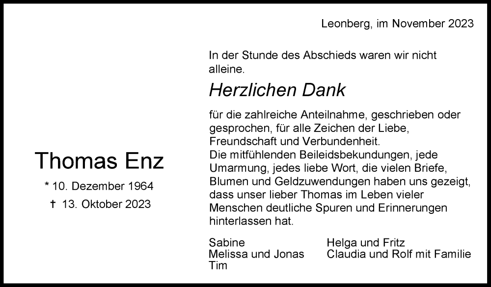 Traueranzeige für Thomas Enz vom 01.12.2023 aus Leonberger Kreiszeitung / Strohgäu Extra