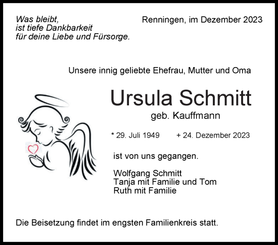 Traueranzeige von Ursula Schmitt von Leonberger Kreiszeitung / Strohgäu Extra
