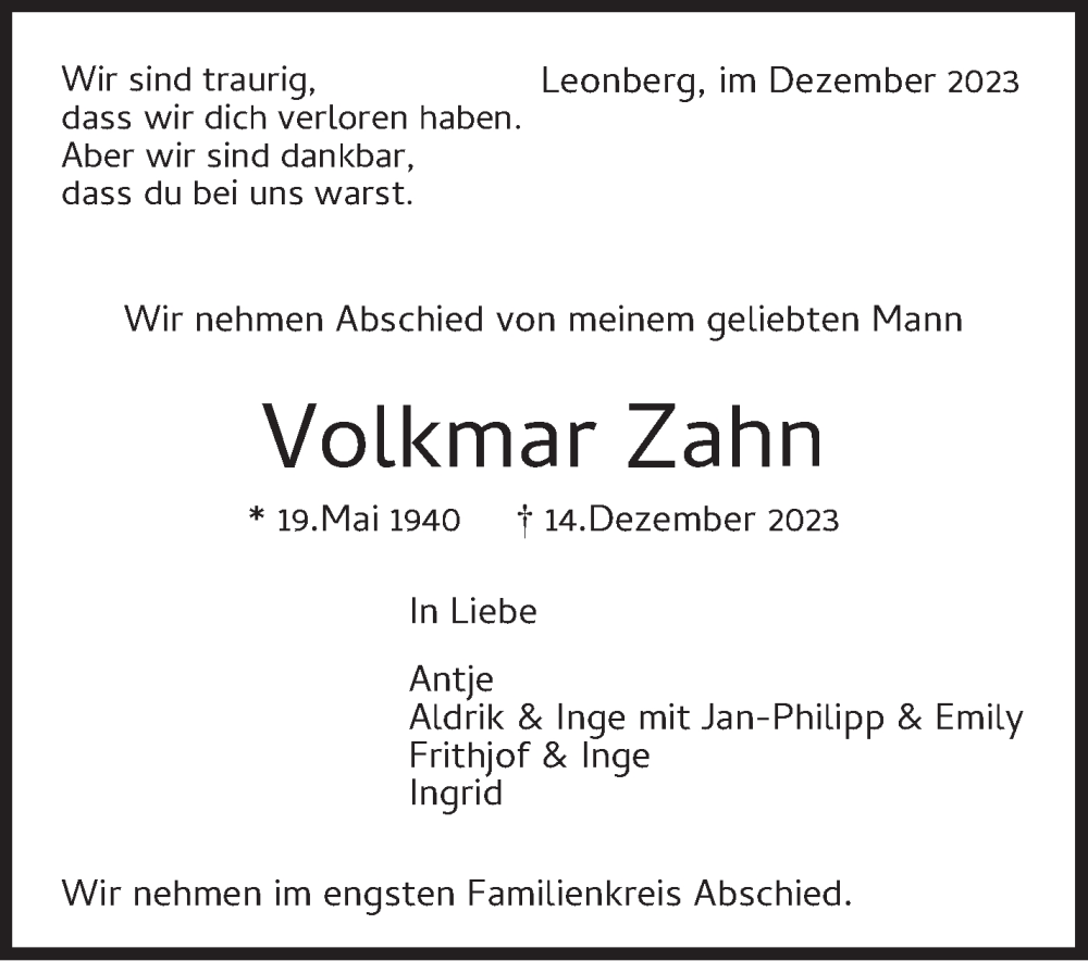  Traueranzeige für Volkmar Zahn vom 20.12.2023 aus Leonberger Kreiszeitung / Strohgäu Extra