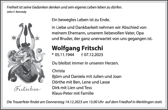 Traueranzeige von Wolfgang Fritschi von Leonberger Kreiszeitung / Strohgäu Extra