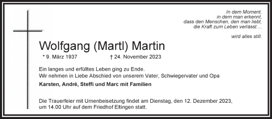 Traueranzeige von Wolfgang Martin von Leonberger Kreiszeitung / Strohgäu Extra