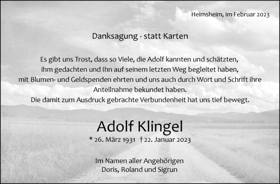Traueranzeige von Adolf Klingel von Leonberger Kreiszeitung / Strohgäu Extra