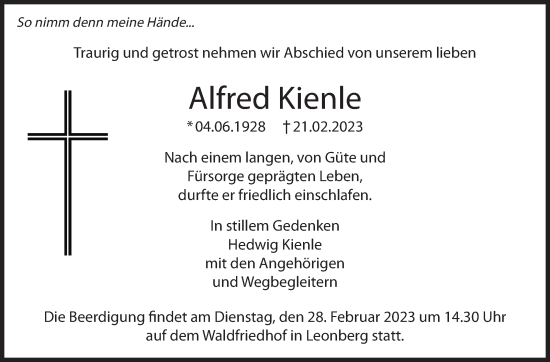Traueranzeige von Alfred Kienle von Leonberger Kreiszeitung / Strohgäu Extra