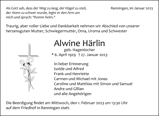 Traueranzeige von Alwine Härlin von Leonberger Kreiszeitung / Strohgäu Extra