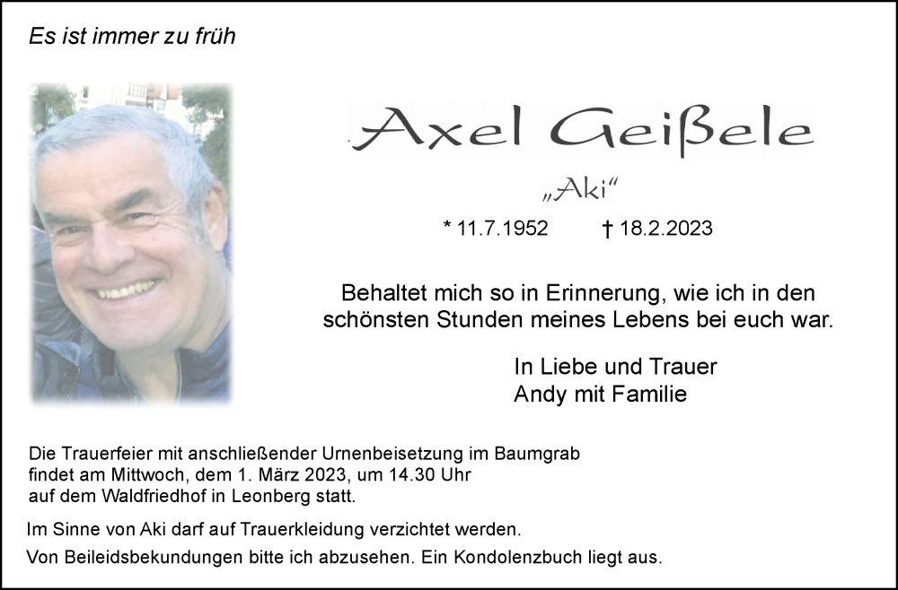  Traueranzeige für Axel Geißele vom 23.02.2023 aus Leonberger Kreiszeitung / Strohgäu Extra