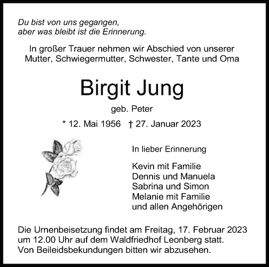 Traueranzeige von Birgit Jung von Leonberger Kreiszeitung / Strohgäu Extra